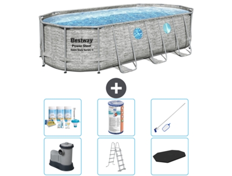 Piscina BESTWAY Oval Power Steel Swim Vista - Estampado Piedra - 549 x 274 x 122 - Incluye Bomba - Escalera - Cobertor Accesorios CB32
