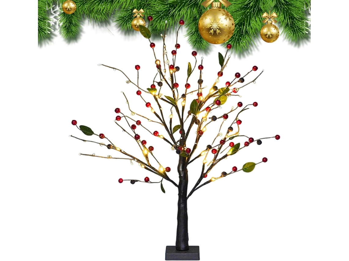 Árbol Iluminado Con Flores De Bayas Rojas - Decoración Navideña Para Mesa | Oficina