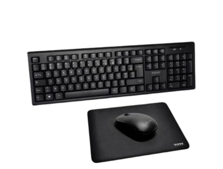PORT Pack de ratón óptico de oficina inalámbrico de 4 botones y 1600 DPI con teclado y alfombrilla de ratón Negro