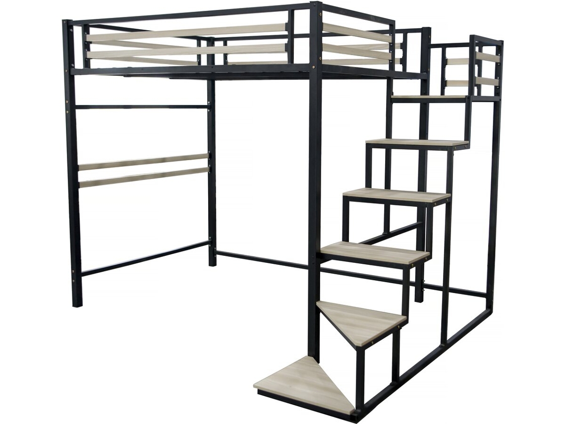 Cama alta de metal con escalera Lena 140 x 200 cm, color negro, Habitat Et Jardin