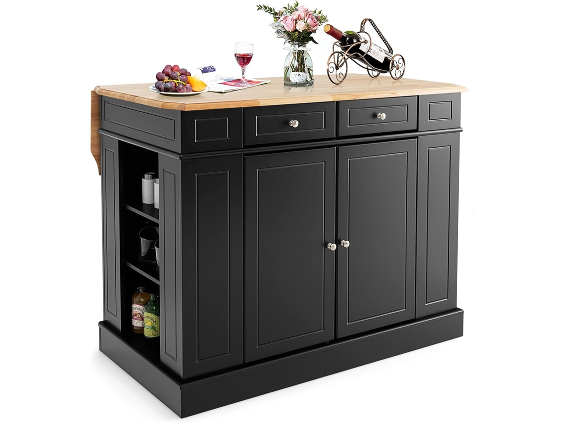 Isla de Cocina con Almacenamiento con Encimera de Madera, Cajones, Carrito de Cocina con Estantes Ajustables de 3 Niveles COSTWAY