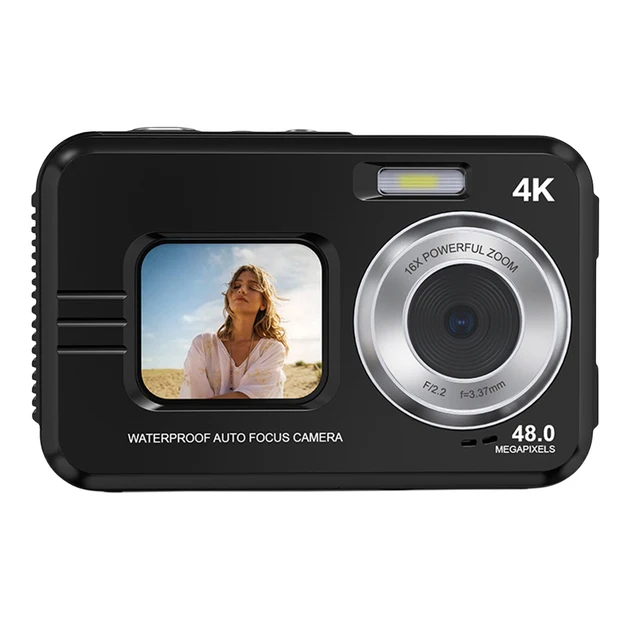 (cámara Negra) Cámara Hd Resistente Al Agua, 48 Mp, Pantalla Dual De 2,7 Pulgadas, Zoom 16x