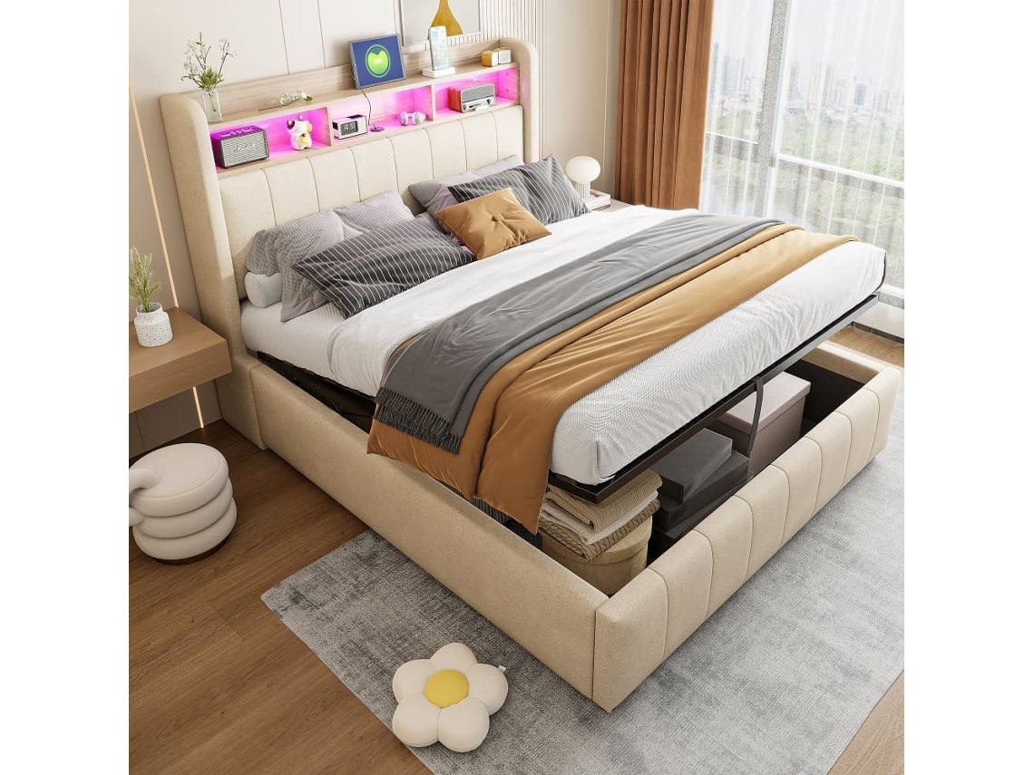 Cómoda Cómoda Acolchada De Lino 140x200 Cm - Con Led + Enchufes - Beige
