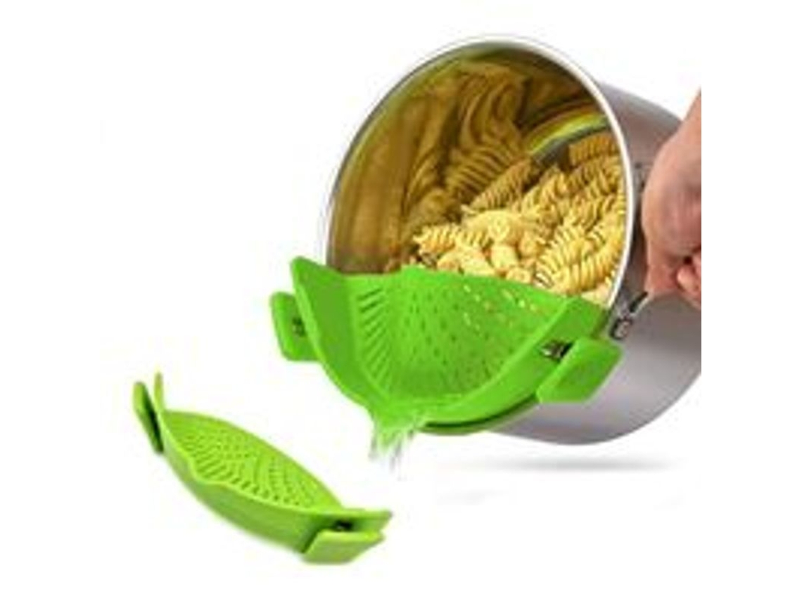 Colador De Cocina Con Pinza De Silicona, Universal, Tamaño Versátil, Color Verde.