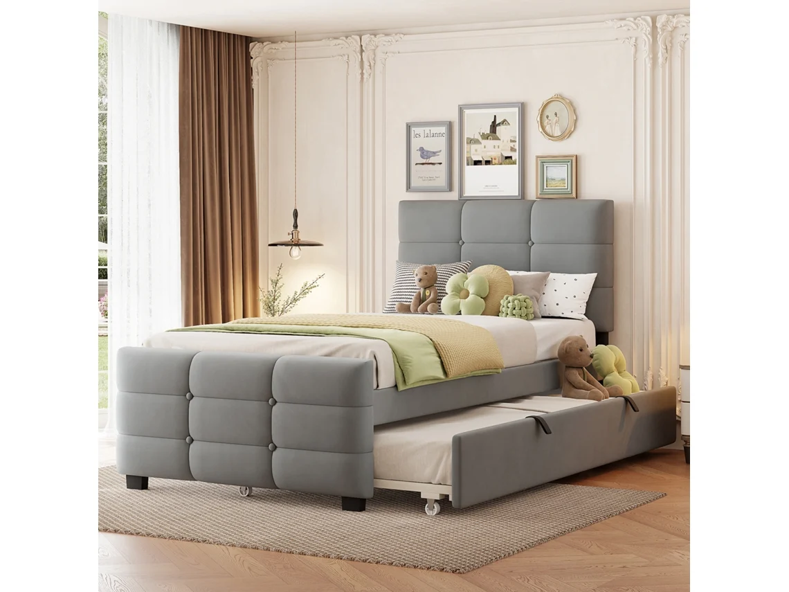 Cama Tapizada De 90x190 Cm Con Cama Nido En Terciopelo Gris.