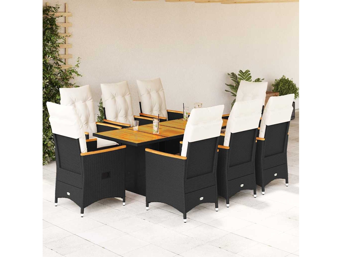 Juego de comedor de jardín de 9 piezas con cojines de mimbre negros de DKD Home Decor
