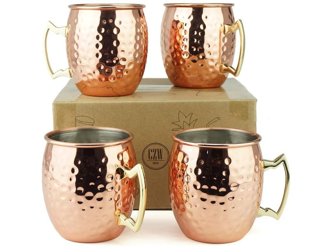 2026da-jarras Moscow Mule 19.5 Oz Set 4 Tazas Martilladas Acero Inoxidable Placa Cobre Mango Latón Oro