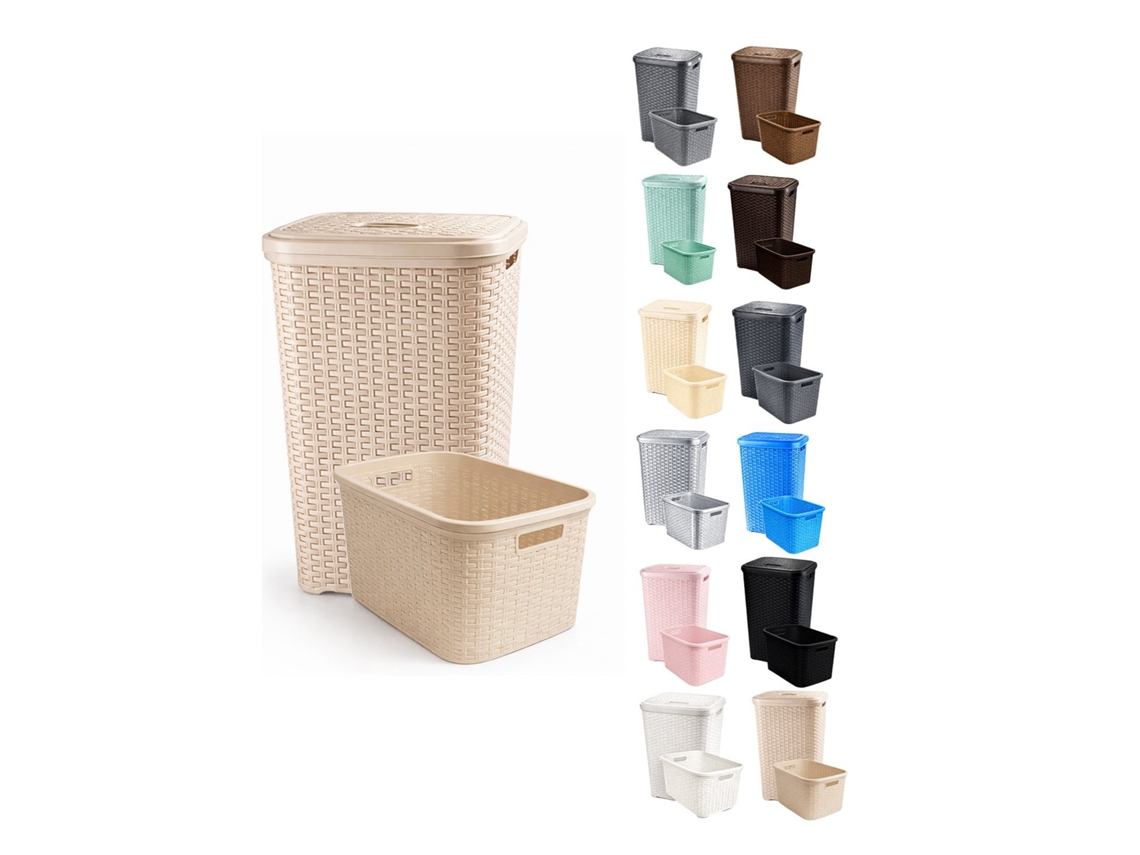 Cesto Ropa Sucia Pongotodo Con Tapa Y Asas | Cesta Colada Plástico Ratán | Cubo Ropa Sucia Ventilado | Baño Dormitorio | 38l/60l Marrón Claro Set