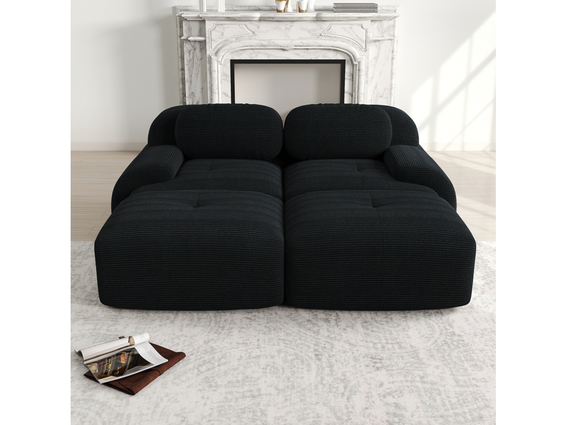 Sofá modular de 2 plazas con chaise longue, respaldo antideslizante, reposabrazos ergonómicos y tapizado elástico, negro, Mobrio