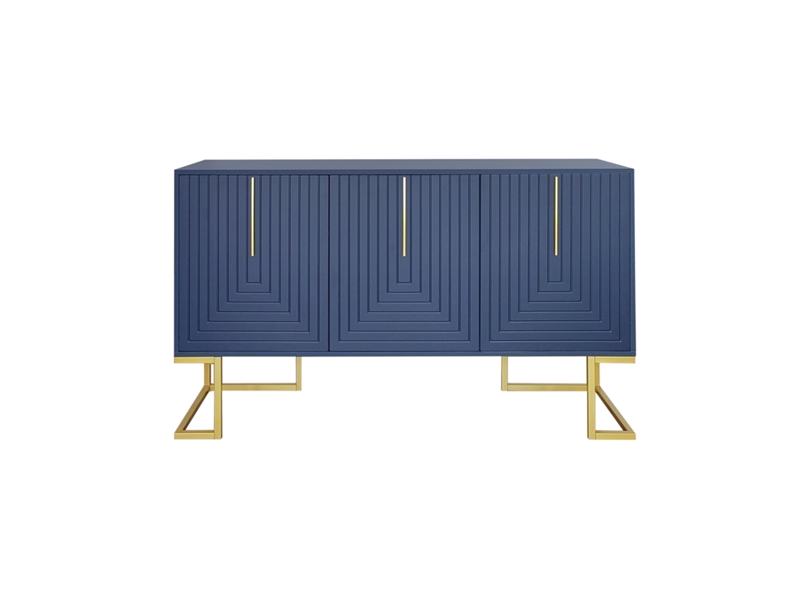 Aparador moderno con estantes ajustables, 3 puertas en forma de U, tiradores y base de metal azul Mobrio