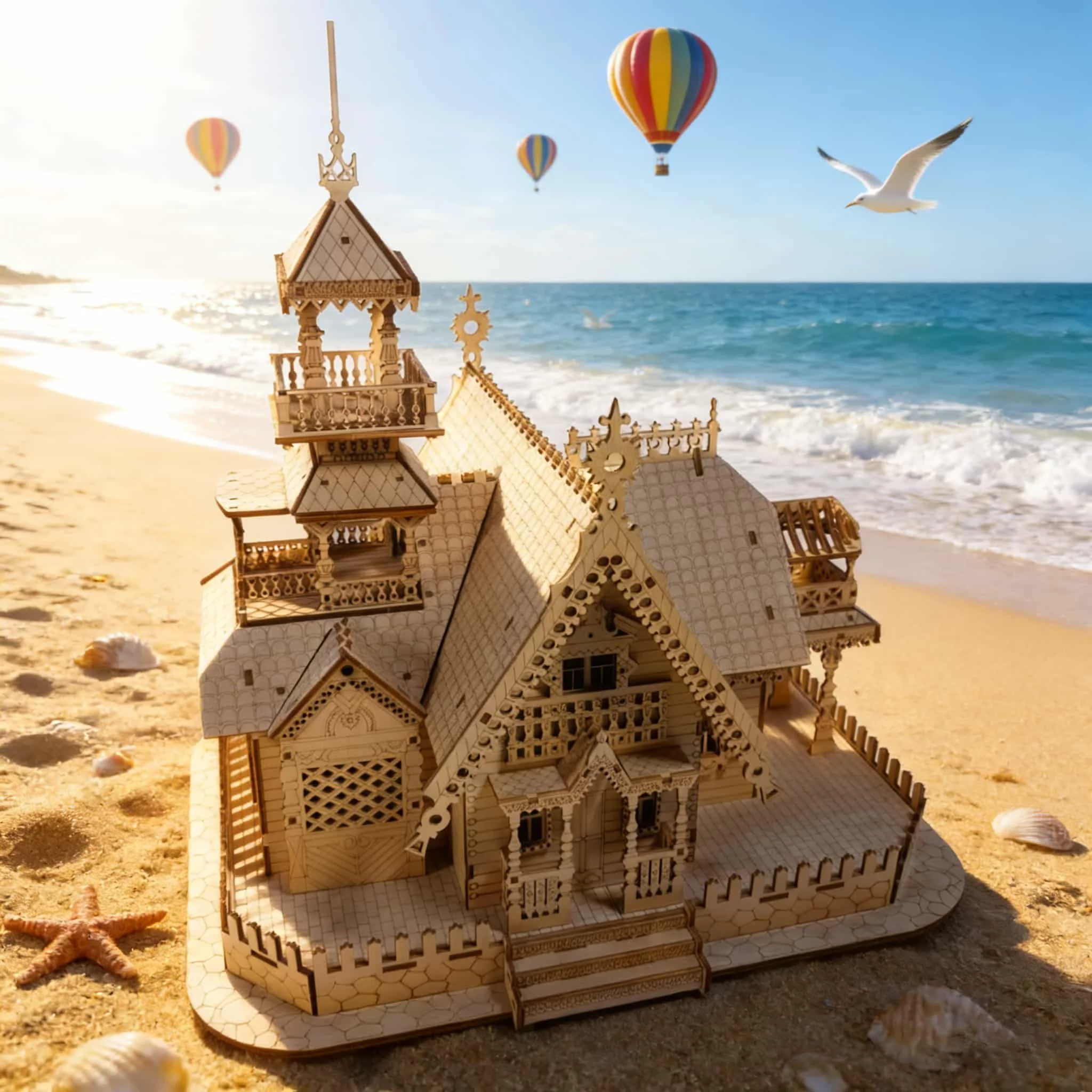 Villa De Madera Con Diseño Único Y Rompecabezas 3d.