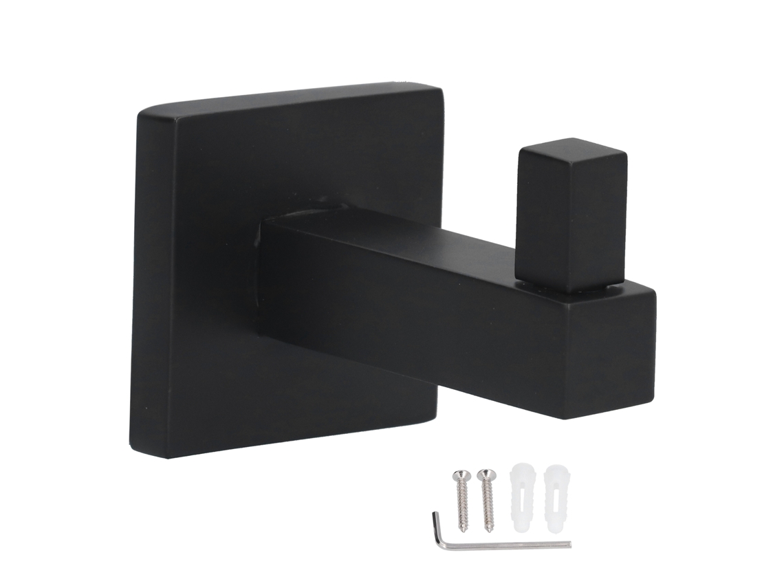 Gancho de pared moderno y robusto de color negro para toallas de baño.