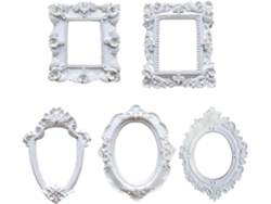 Juego de 5 mini marcos de fotos blancos con pequeñas flores, formas ovaladas, rectangulares y barrocas - Gokoco