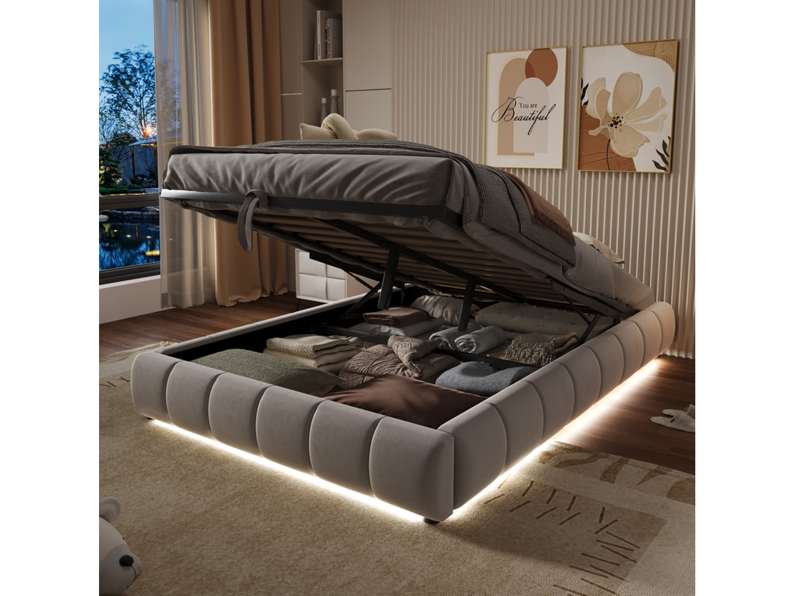 Cama Tapizada 140 X 200 Cm - Sin Cabecero, Barra De Luz Led (monocromática) - Beige