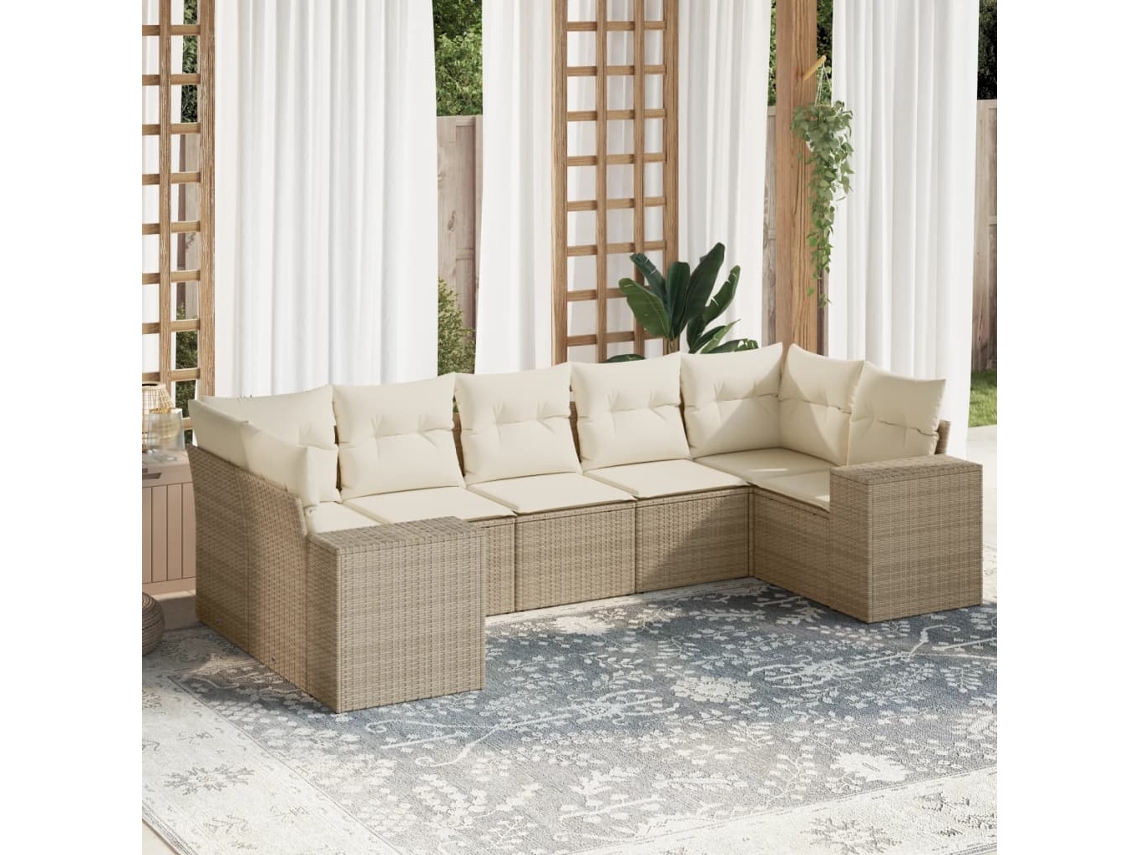 Conjunto de sofá de jardín de 7 piezas con cojines, mimbre sintético beige, Dkd Home Decor