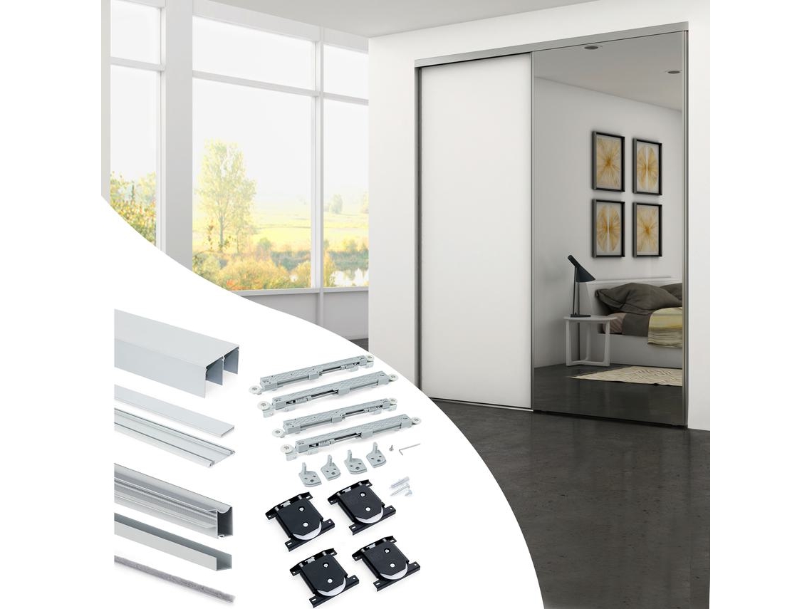 EMUCA Kit de Herrajes para Armario Placard 81 de 2 Puertas Correderas con Amortiguador - Perfil Ondulado - Grosor 18mm - Paneles No Incluidos - Anodizado