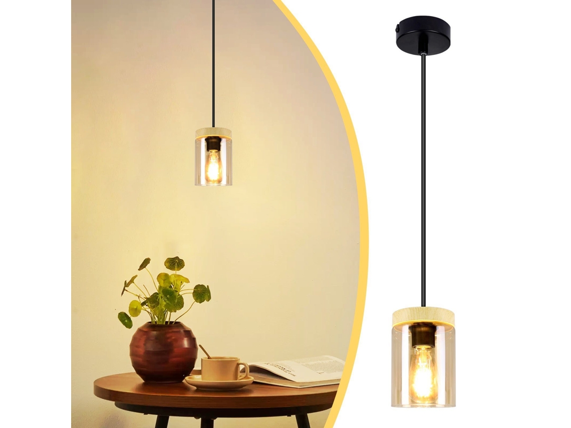 Zmh Lámpara Colgante Retro Negra E27 De 12 Centímetros De Diámetro En Combinación De Metal Madera Y Pantalla De Cristal Adecuada Para Comedores