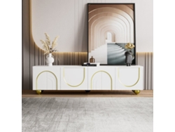 Mueble Tv Bajo - Puertas Estructuradas, Cajones Y Estantes Abiertos, Tiradores Y Patas Doradas - Blanco