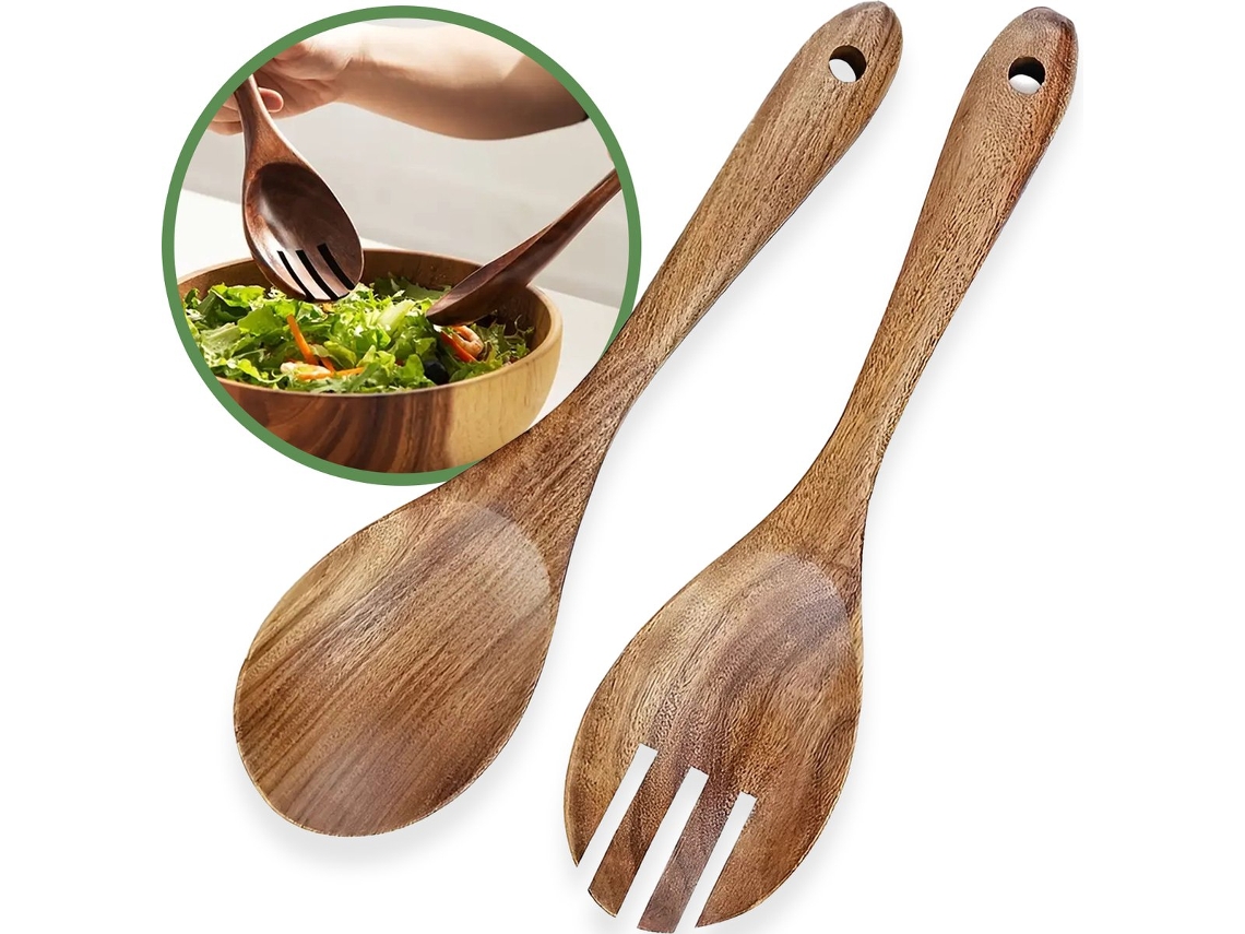 2 Cucharas Ensalada Madera Lujo, Utensilios Ecologicos, Seguro Lavavajillas