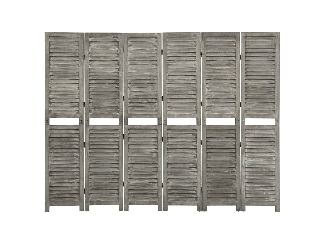 Biombo separador de ambientes, 6 paneles, 214 x 166 cm, madera de paulownia gris envejecida, Dec031074