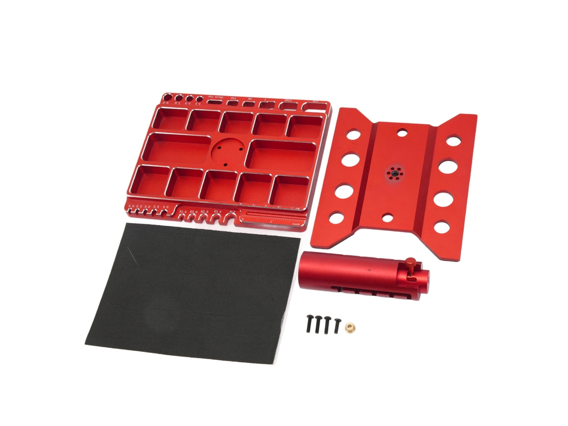 Soporte De Trabajo Para Coches Rc Con Rotación De 360°, Altura Ajustable Y Compartimento Para Herramientas En Aleación De Aluminio Rojo.