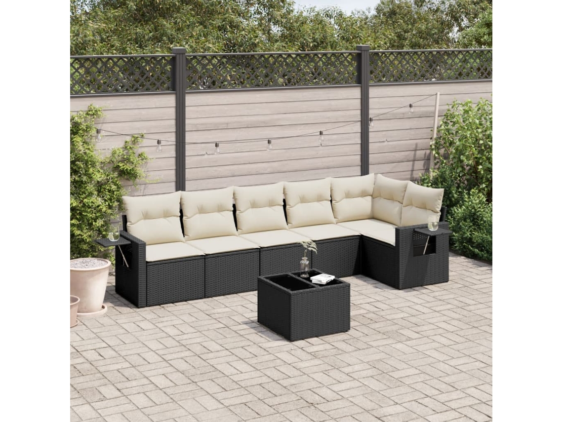 Conjunto de sofá de jardín de 7 piezas con cojines de mimbre negro de DKD Home Decor