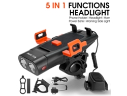 Luz Delantera Led 5 En 1 Para Bicicleta Con Sirena, Soporte Para Teléfono Móvil, Batería Externa Y Timbre Recargable Por Usb.