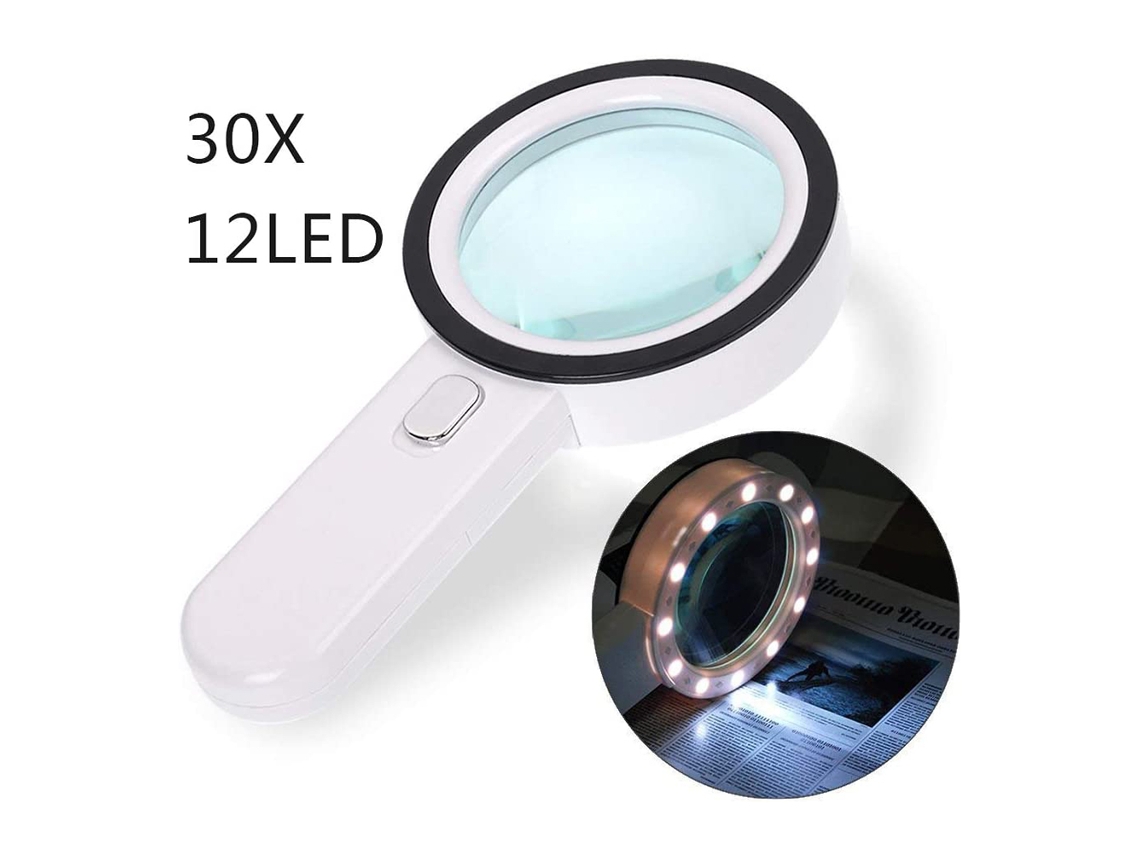 Lupa De 30 Aumentos Con Luz Led, Lupa De Mano Con Lente De Cristal Auténtico, 3,15 Pulgadas.
