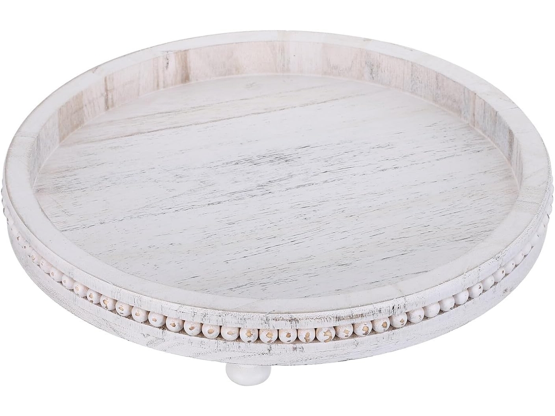 Bandeja Decorativa Redonda Rústica Madera Blanca Diseño Relieve Organizar Velas Ideal Decorar Encimera Cocina