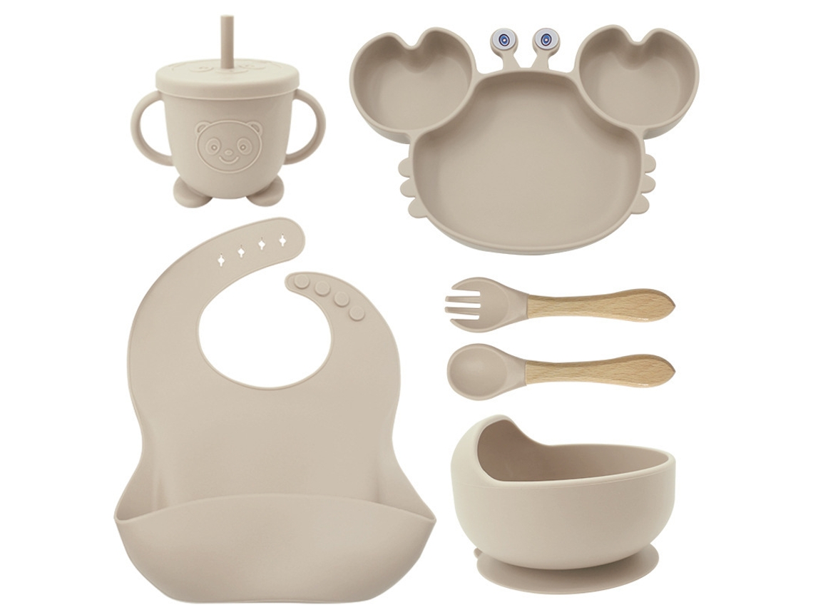 6 Juegos De Cubiertos Para Bebé, Fabricados En Silicona Beige: Plato, Cuenco, Taza, Delantal Y Cubiertos Con Estampado De Cangrejo.