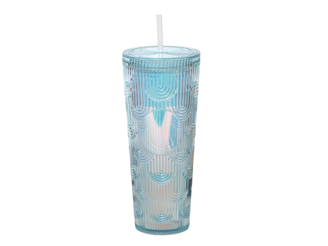 Vaso acrílico doble de 24 oz con pajita y tapa, ideal para batidos, jugos y café helado.