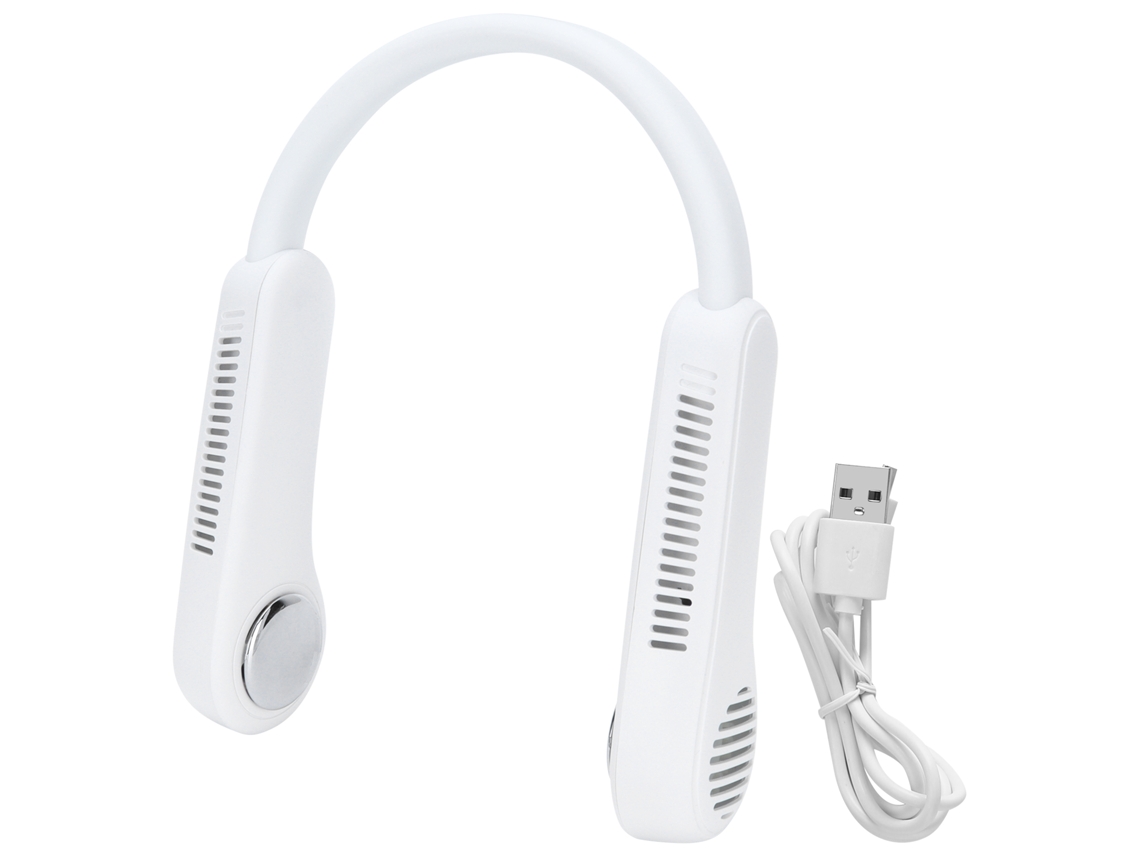 Ventilador de cuello portátil y ajustable con iones negativos, alimentado por USB.