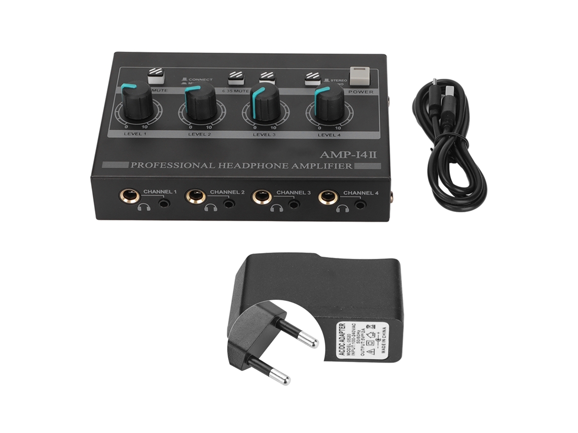 Amplificador De Auriculares Estéreo Compacto De 4 Canales Amp-14ii Con Adaptador De 12 V 2 A Para Estudio Y Escenario.