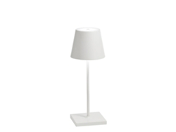 Lámpara de mesa LED blanca Zafferano Poldina Pro Mini, recargable y ajustable, con batería que dura hasta 12 horas.