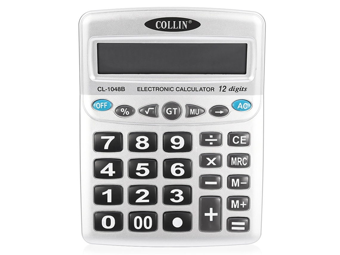 Calculadora electrónica CL 1048b con batería y botones grandes.