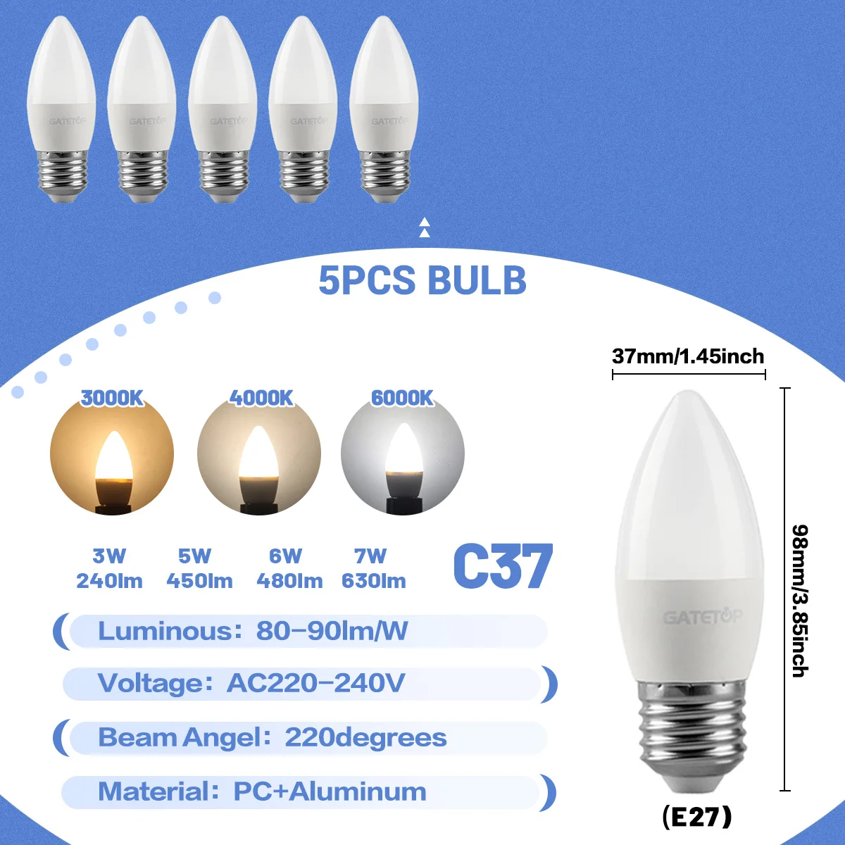 (5 Bombillas Led Tipo Vela, Luz Blanca Fría De 6000k) Casquillo E27, Apto Para Iluminación Doméstica.