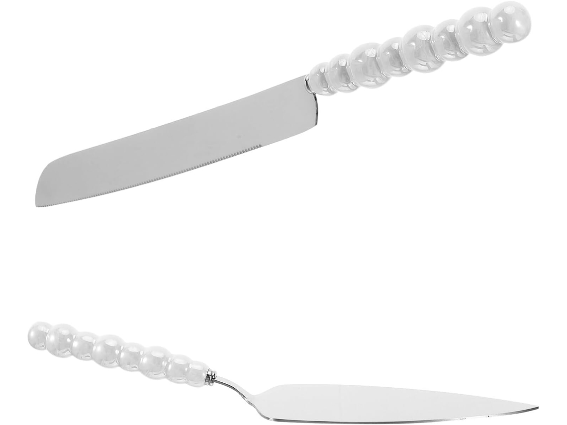 Espátula De Servir De Acero Inoxidable Con Hoja Dentada Y Mango De Cerámica Nacarada.