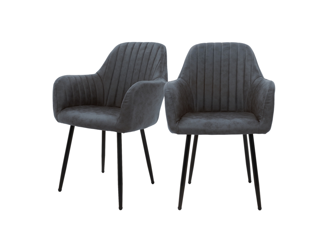 Conjunto de 2 Cadeiras de Sala de Jantar com Encosto e Apoio de Braços em Pele Sintética Antracite com Pernas Metálicas Design Ml
