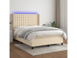 Cama Box Spring Colchón Y Luces Led Tela Crema 140x200 Cm