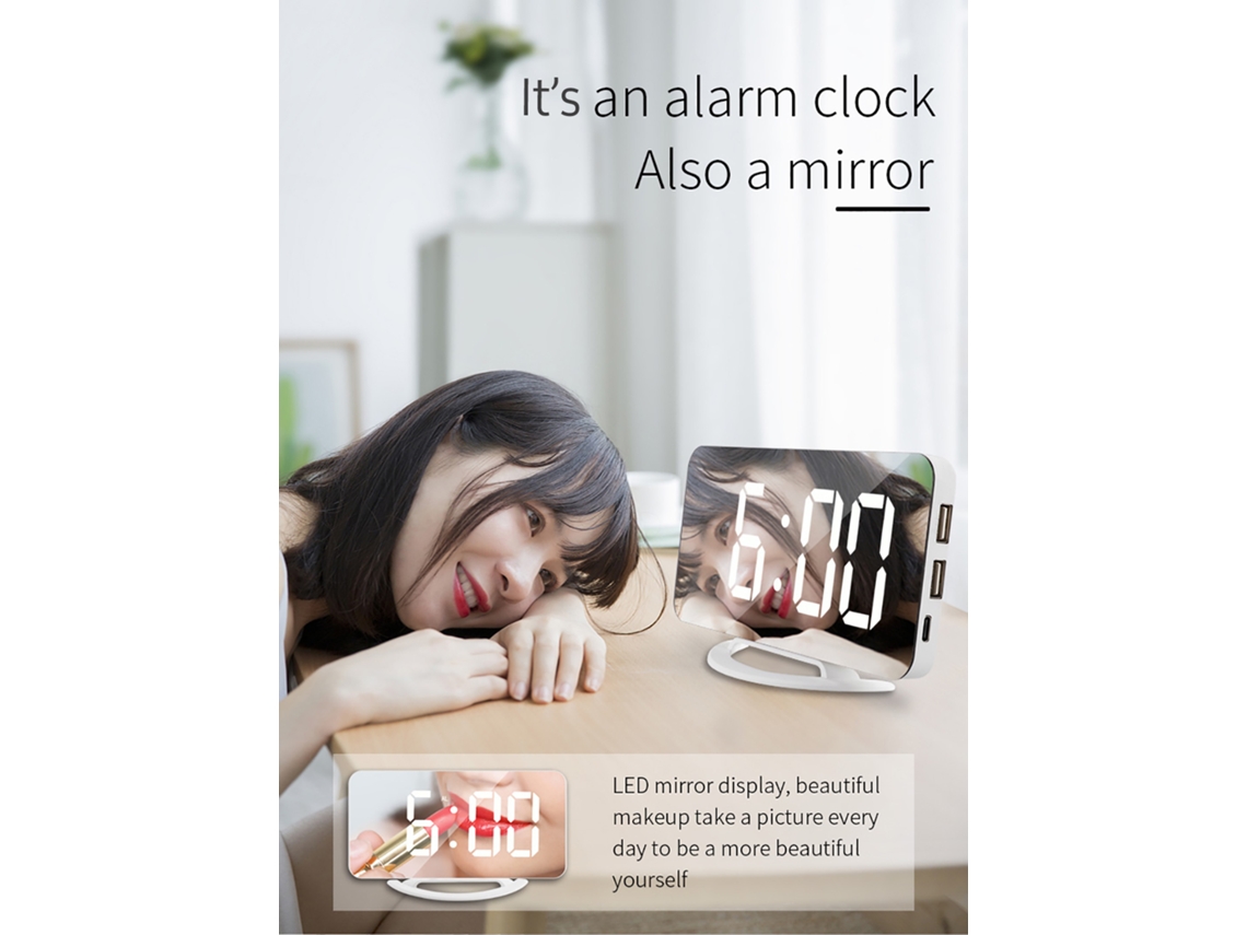 Reloj De Escritorio Digital Led Con Espejo, Alarma, Función De Repetición Y Brillo Autoajustable.