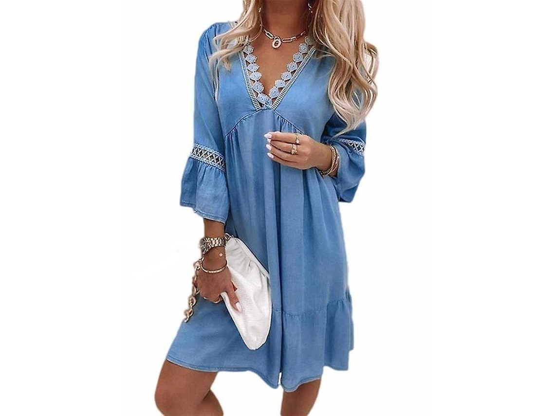 2026-vestido Mini Boho De Manga 3/4 Con Cuello En V Para Verano Vacaciones Playa Casual De Poliéster