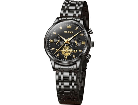VEANXIN Reloj automático de diamantes para mujer con esfera grande luminosa resistente al agua(negro)