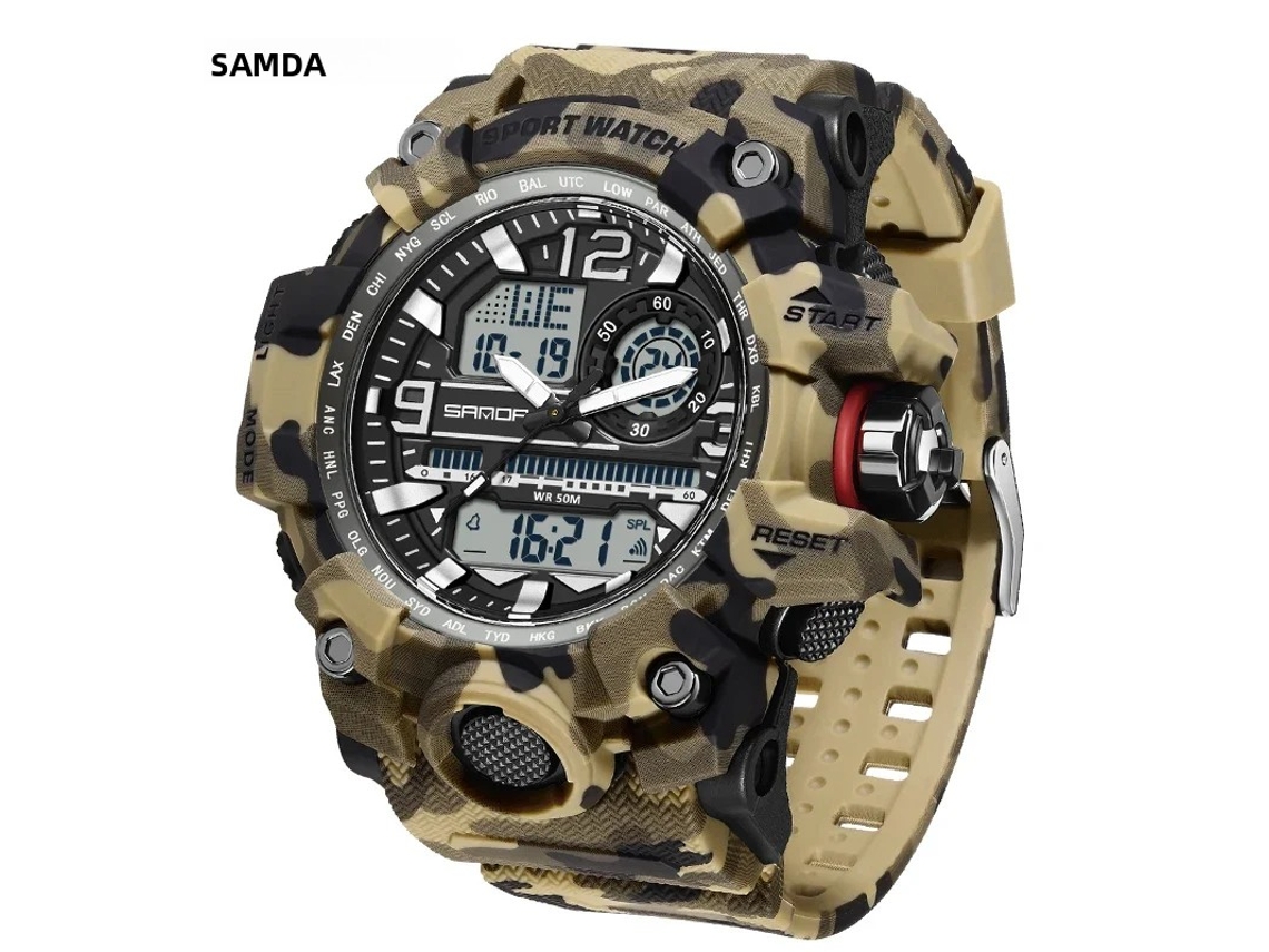 Elegante reloj para hombre, estilo militar G, estampado de camuflaje, multifuncional, con doble pantalla y resistente al agua.