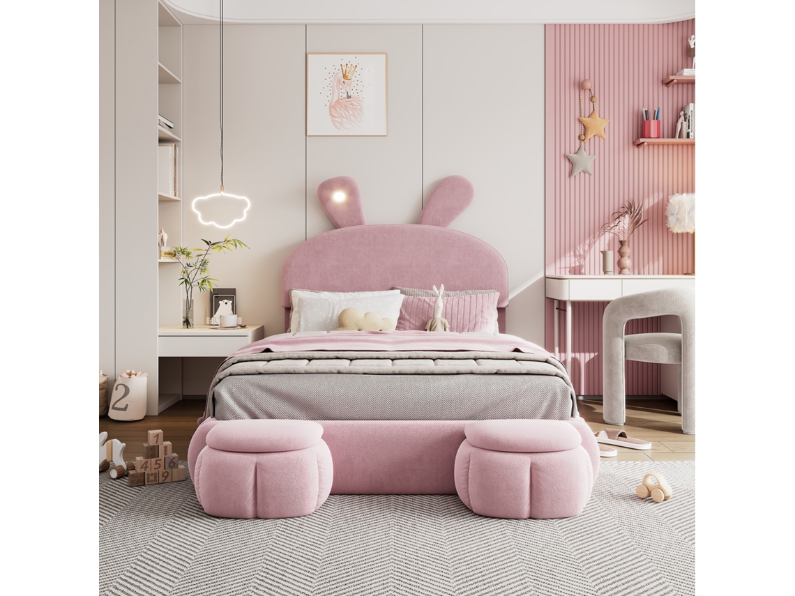 Cama Infantil 140x200 cm Tapizada en Terciopelo - Orejas de Conejo con LED Ajustable - Con 2 Bancos de Almacenamiento - Rosa