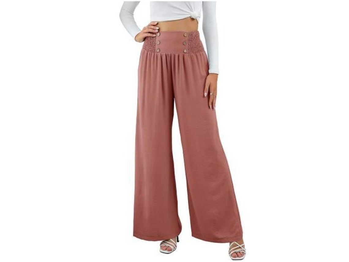 2026-24085-pantalones Anchos De Lino Para Mujer Verano Cintura Alta Elástica Playero Casual M Rosa Roja