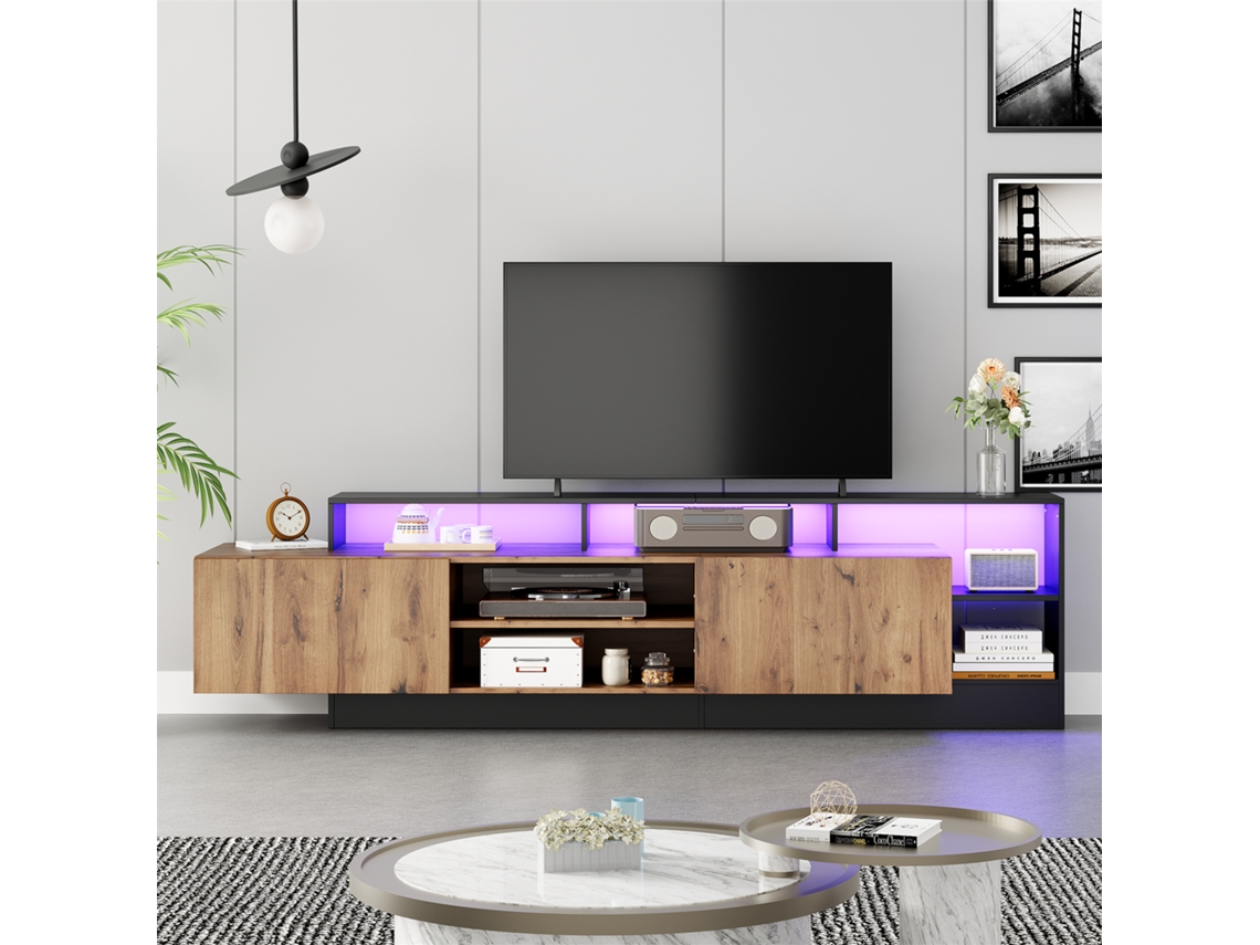 Mueble Tv Moderno 70 Pulgadas Madera Natural Marco Negro Led Salón