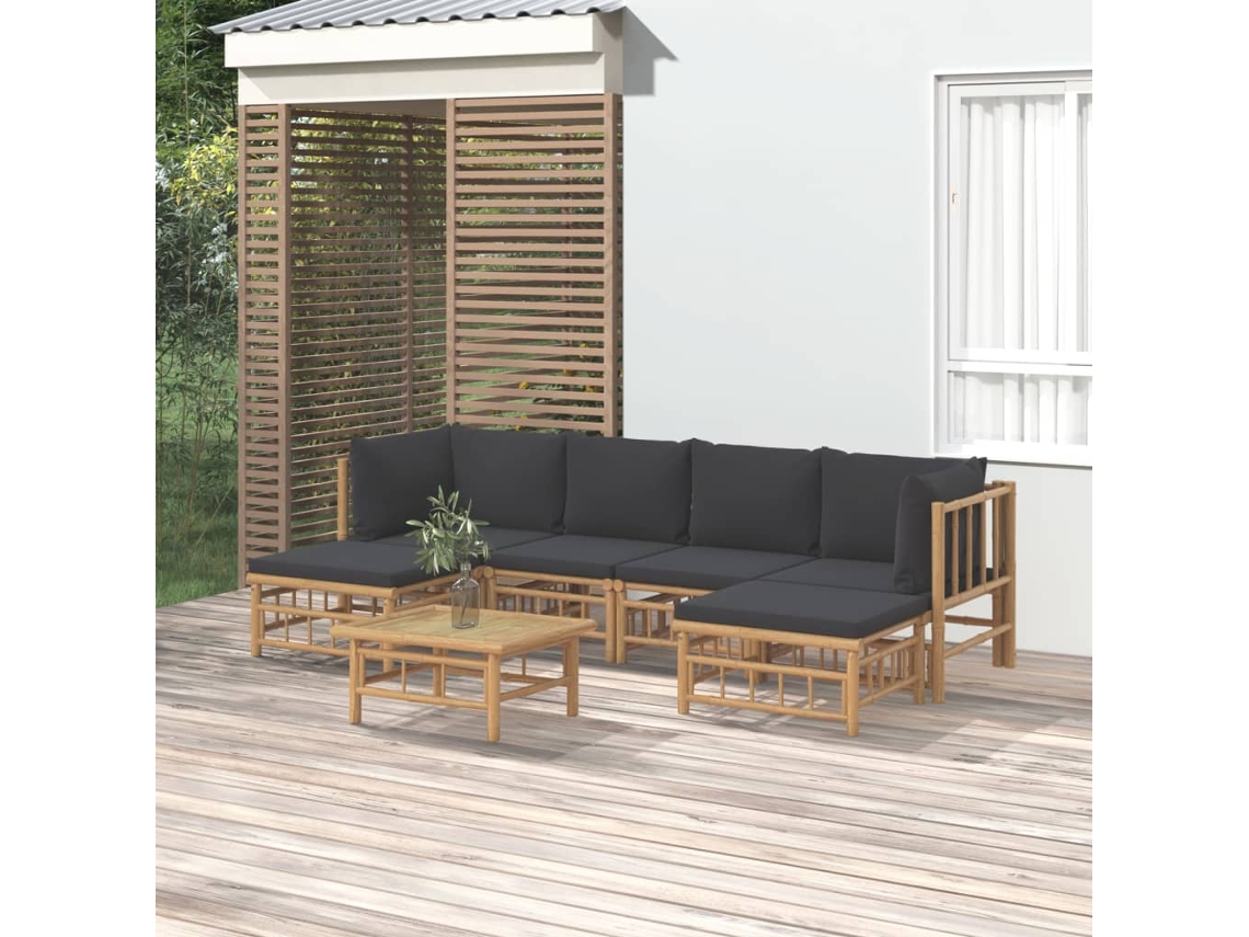 Conjunto de jardín de bambú de 7 piezas con cojines gris oscuro de DKD Home Decor