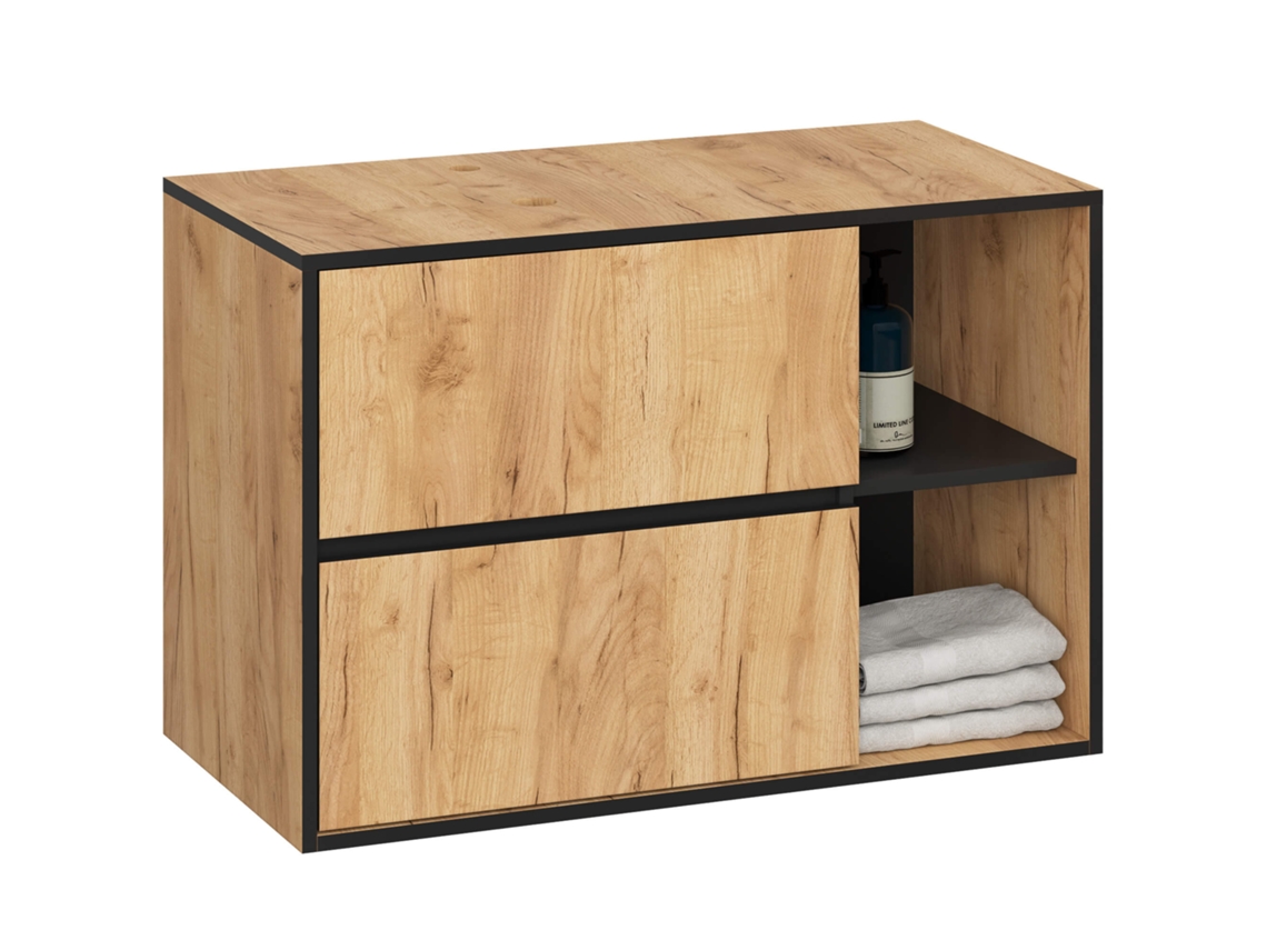 Armario Bajo Lavabo Vami 90 Cm Con Orificios, Roble Craft Y Negro, 2 Cajones, 2 Estantes