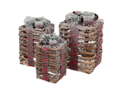 Set decorativo de 3 cajas de regalo con luces LED de ratán marrón para navidad ECD