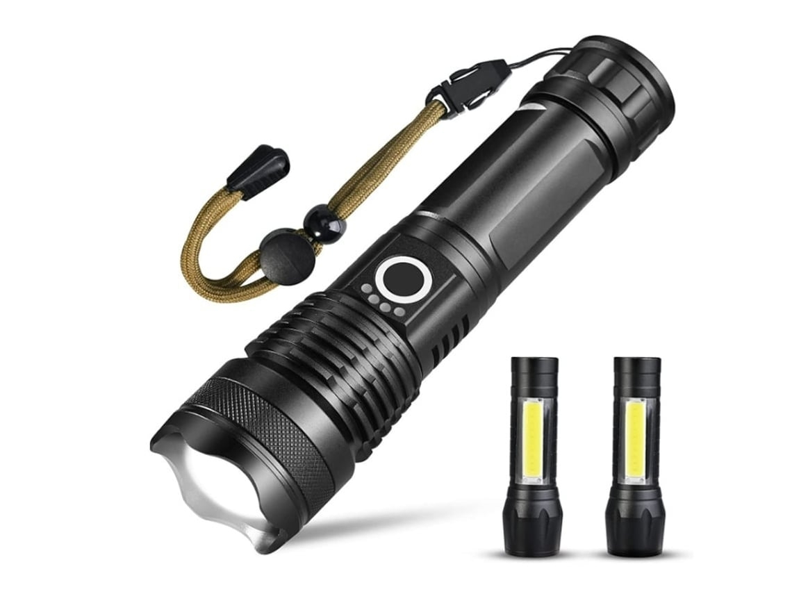Potente linterna LED con linterna, 2 LED COB, 1500 lúmenes, resistente al agua, enfoque ajustable, 5 modos de luz, pilas incluidas, color negro, Yunzii